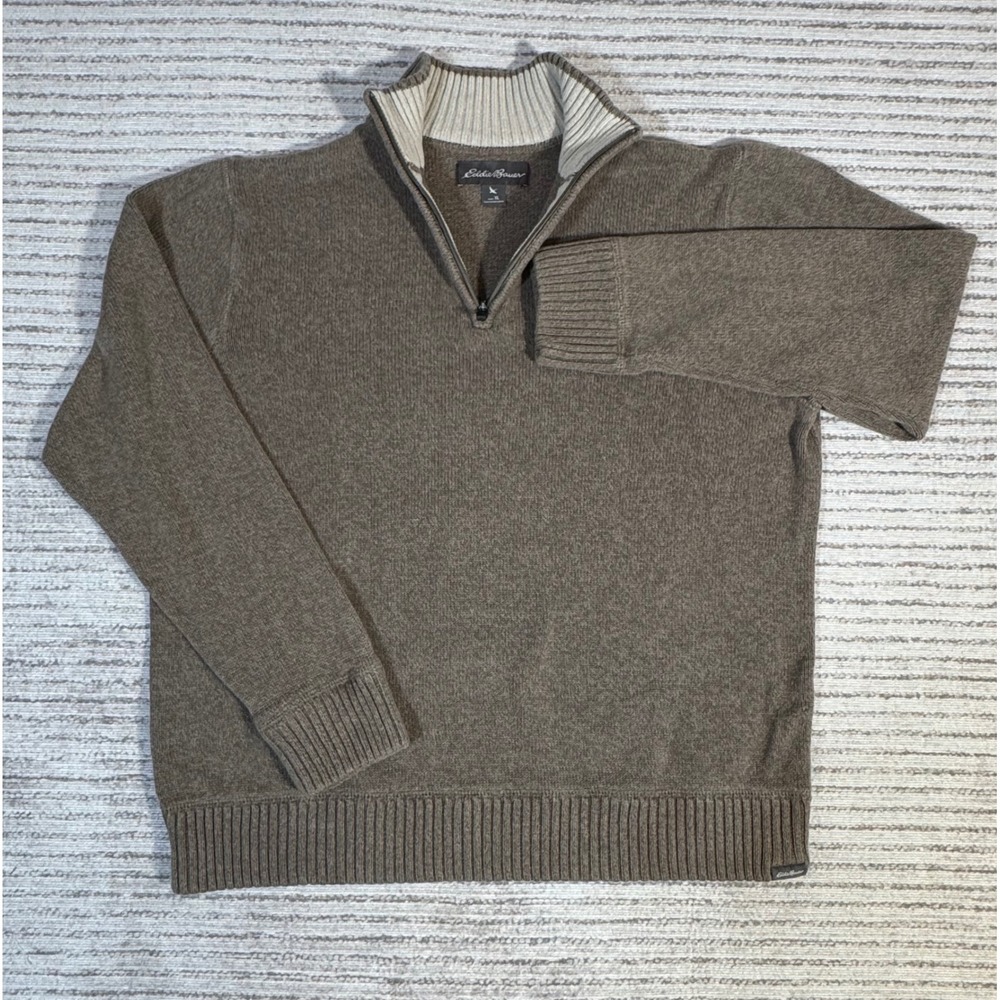 Eddie Bauer Mens XL Brown Cotton Quarter Zip Mock Neck Pullover Sweater